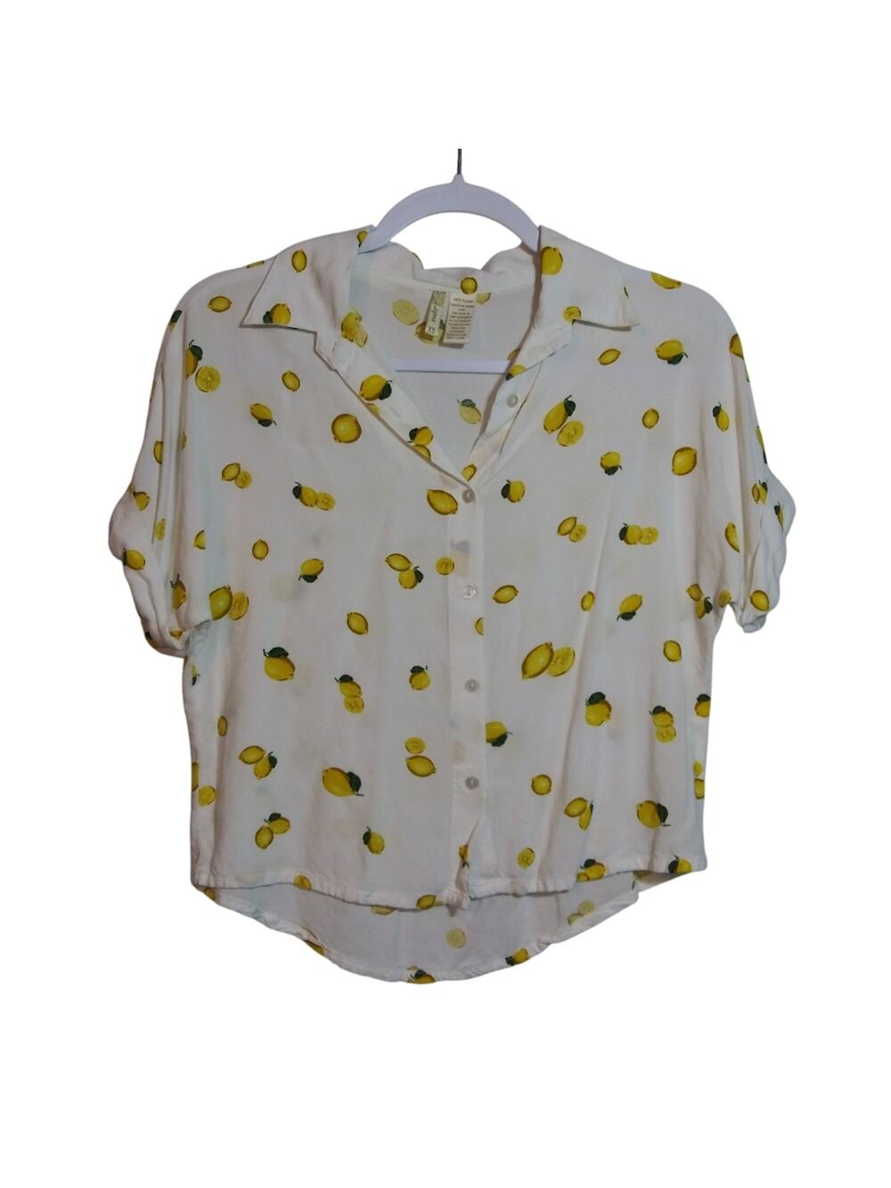 Japna White Lemon Print Button-Up Crop Novelty Shirt Size XS